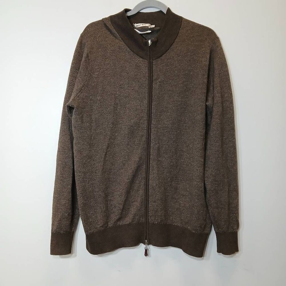 Peter Millar mens medium full zip sweater dark brown merino wool
